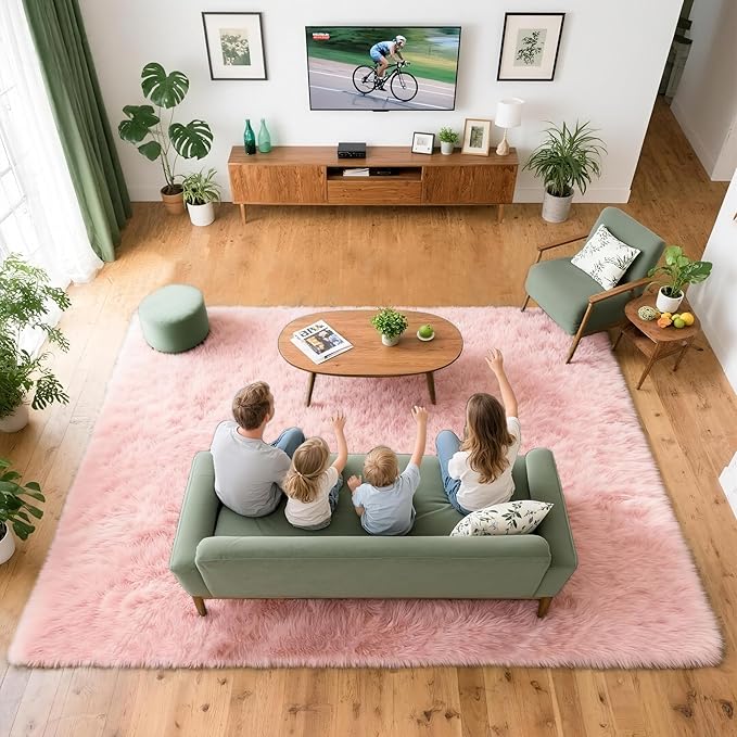 8x10 Solid Fluffy Pink Area Rug – Washable, Durable, Extra Large Living Room Rug, Non-Slip High Pile Shag Rugs for Bedroom, Playroom, Nursery Rooms, Kids Room, Soft Indoor Floor Carpet Decor