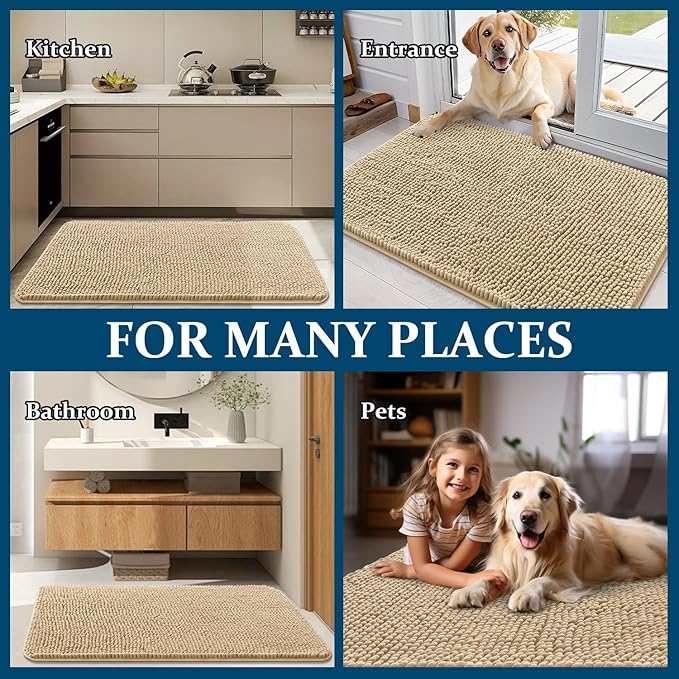 OLANLY Dog Door Mat for Muddy Paws 54x32, Absorbs Moisture and Dirt, Absorbent Non-Slip Washable Doormat, Quick Dry Chenille Mud Mat for Dogs, Entry Indoor Entryway Carpet for Inside Floor, Beige