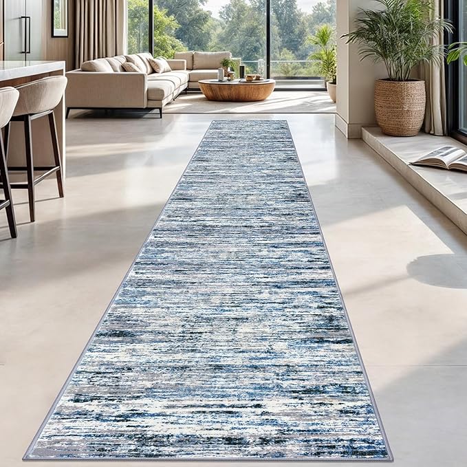 Modern Abstract Runner Rug 2.6x18, Grey Blue White Washable Long Kitchen Runner Non-Slip Soft Hallway Rug Runner Thin Print Faux Wool Carpet for Entryway Bedroom Laundry Room Indoor Home Decor