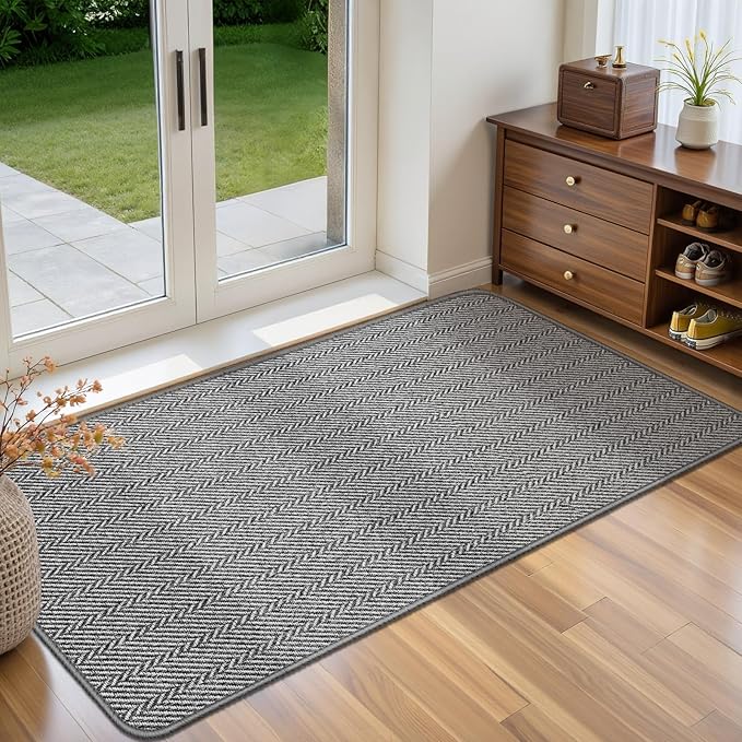 Ultra Thin Door Mat Indoor Entrance 24"x47", Low-Profile Indoor Door Mat, Non Slip Entry Mat Rubber Backing Unique Herringbone Design Inside Doormat Dirt Trapper Entryway Mats, Grey