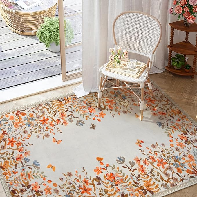 Wonnitar Fall Washable 8x10 Rug for Living Room, Soft Halloween Rug Floral Area Rug for Bedroom, Non Slip Dining Room Botanical Floor Carpet for Kids Nursery Playroom Guest Room (Orange,8'x10')