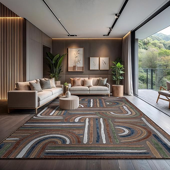 CAMILSON Indoor Outdoor Rug, Brown 8x10 Geometric Arch Striped Area Rugs for Patio and Home Areas, Easy-Cleaning Non-Shedding Living Room, Garden and Deck Washable Outside Carpet (8 x 10)