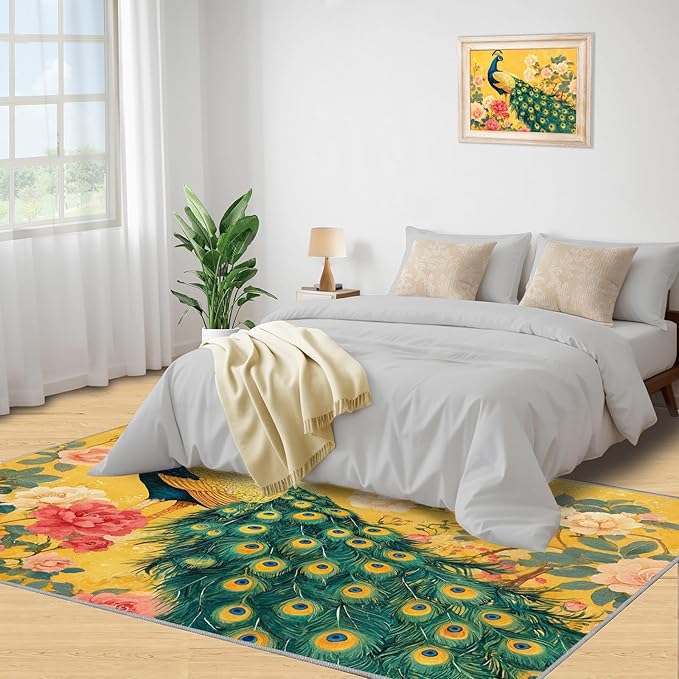 Classic Peacock Rug Large - 6x9 Rug, Peacock Peony Flower Washable Rugs for Living Room, Yellow Teal Turquoise Carpet, Non-Slip Area Rugs for Bedroom, Aesthetics Carpet - Peafowl Home Decor & Gifts