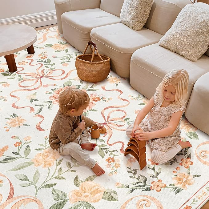 Washable Non-Slip Runner Rugs 2X6, Orange Rug Boho Farmhouse Bow Floral Area Rug for Hallway Kitchen Bedroom Beside Laundry Room Bathroom Rug, Low Pile Stain Resistant Soft Floor Carpet