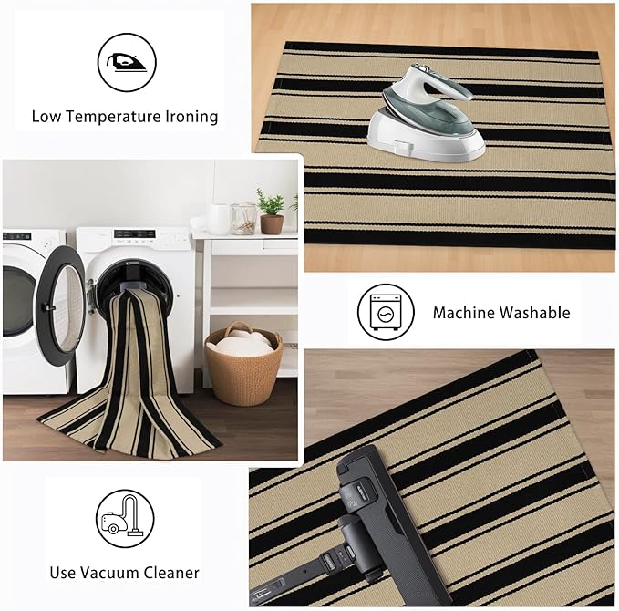 Striped Outdoor Rug 3'x5', Cotton Hand Woven Rug Front Door Mat,Washable Reversible Layered Door Mats, Foldable Front Porch Rug for Entryway/Home Entrance/Farmhouse(Black and Tan)