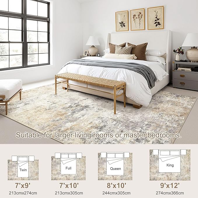 7x9 Area Rug Living Room Rugs - Washable Neutral Modern Abstract Soft Thin Large Rug Indoor Floor No Slip Rug Carpet for Bedroom Under Dining Table Home Office Decor - Golden Grey