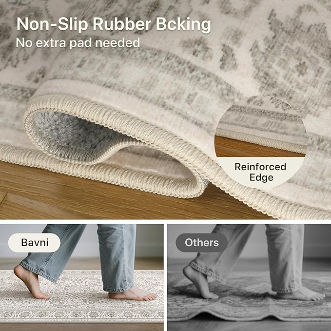 Bavni 2'6''x6 Rug Runners for Hallways, Washable Runner Rug Non Slip, Vintage Floral Print Style Rugs for Bedroom-Lightweight Low Pile Carpet for Hallways Bathroom,Light Gery