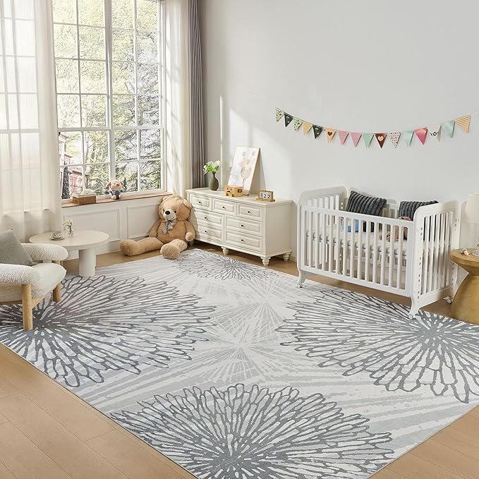 WITSHOCK 12x15 Washable Rug for Living Room,Modern Floral Distress Print Pattern Area Rugs,Stain Resistant with Non Slip Backing Carpet for Dining Room,Bedroom & Home Decor,Grey White