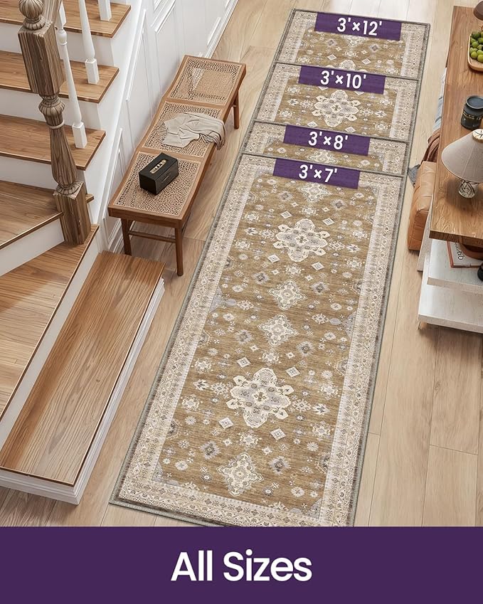 DEXI Hallway Runner Rug 3x7, Distressed Non Slip Runners Carpet, Boho Vintage Soft Thin Indoor Rug, Stain Resistant Washable Entry Mat for Entryway Kitchen Laundry Room Living Room, Light Brown