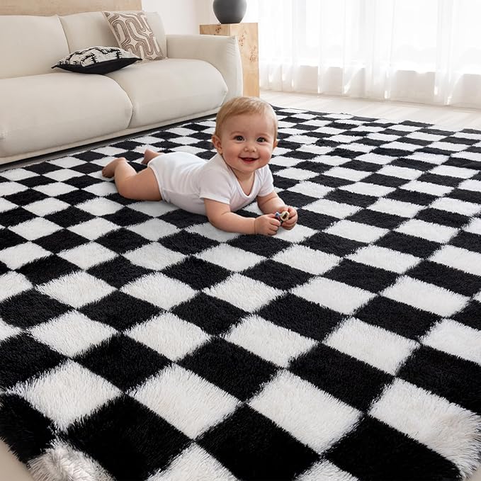 4x6 Area Rugs for Living Room Bedroom, Soft Fluffy Shaggy Bedside Rug, Indoor Floor Carpet for Kids Playroom, Dorms, Nursery Rooms, Home Decor (Black & White 4'x6')