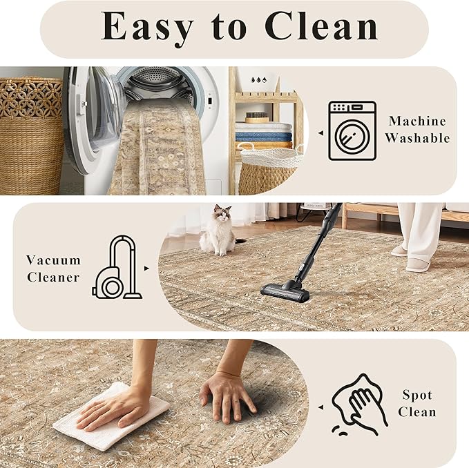 2x6 Runner Rug for Hallways Vintage Distressed Non Slip Long Carpet Floral Boho Distress Print Pattern Mat Lightweight Retro Accent Throw Carpet for Kitchen Bedroom Bedside Laundry Room-Khaki