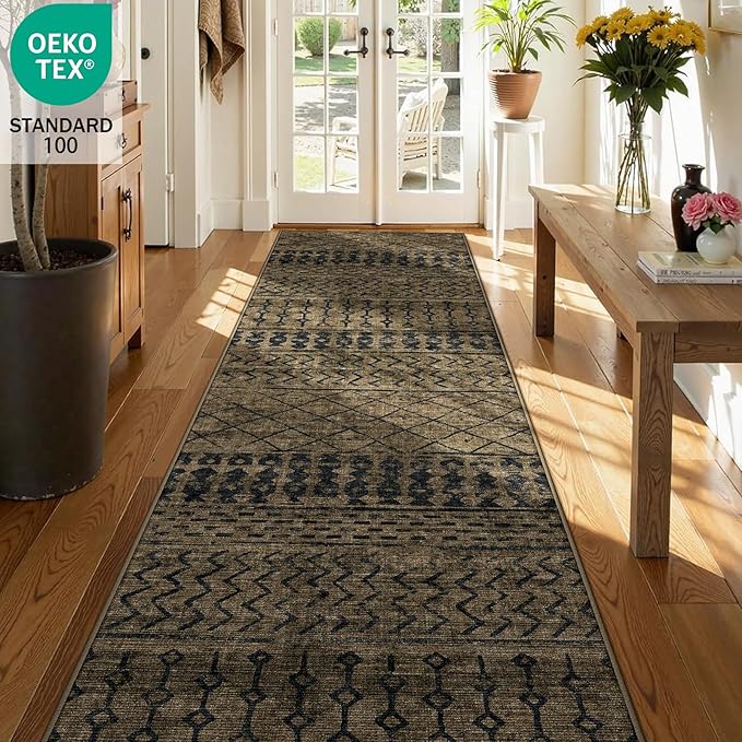 2x8 Machine Washable Runner Rug, Kitchen Hallway Area Rug, Brown Black Vintage Moroccan Rug Ultra Non-Slip Low Pile Soft Faux Wool Carpet, Kids and Pets Friendly for Bedroom Entryway Bedside Decor Rug