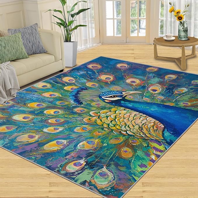 Peacock Rug Large - 8x10 Rug, Turquoise Teal Peafowl Washable Rugs for Living Room, Peafowl Decor Carpet, Modern Style Non-Slip Area Rugs for Bedroom, Aesthetics Carpet - Peafowl Home Decor & Gifts