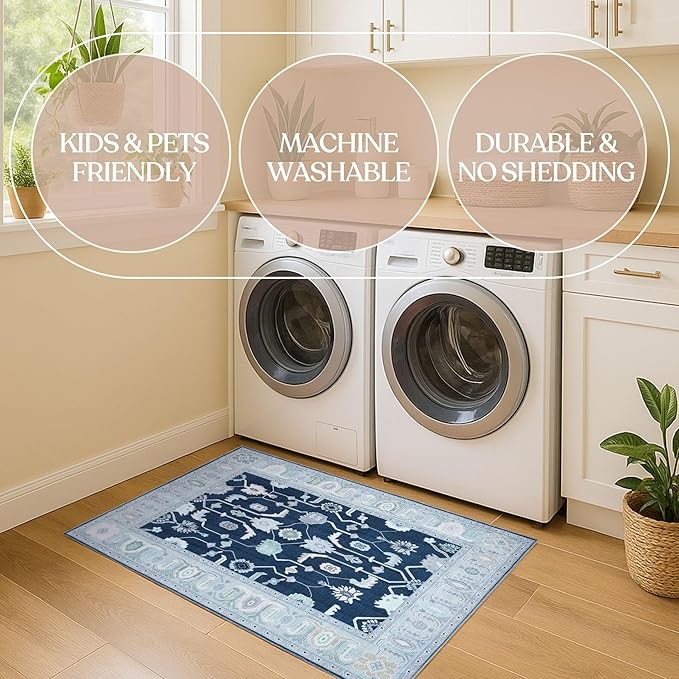 Fame Living Navy Blue Oushak Runner Rug, Modern Runners, Vintage, Turkish, Eclectic, Floral, Pastel, Washable, Long Runner Rugs for Hallway, Kitchen, Living Room, Bedroom, Kitchen, Bathroom, 2'5"x13'
