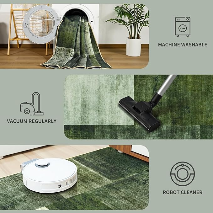 DweIke Washable Area Rugs for Living Room, 4x6 Soft Bedroom Rugs, Geometric Print Non-Slip Modern Rug, Stain Resistant Throw Carpets for Office Nursery Dining Room Home Dorm Decor, Green