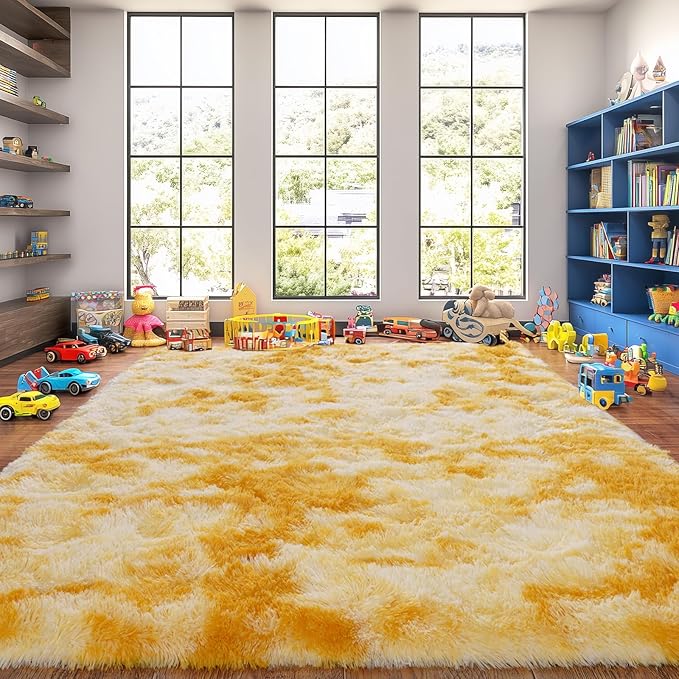 Upgrade Non-Slip Plush Rugs for Living Room, Soft Shaggy Carpets for Living Room, Fuzzy Rugs for Kids' Room, Perfect Decor for Modern Home Tie Dye Yellow 5x7Feet