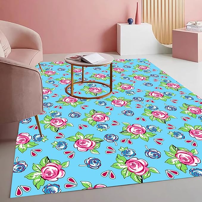Vintage Floral Area Rug Pink Roses Blue Blooms on Sky Blue Background Romantic Cottage Core Carpet for Living Room Bedroom Dining Room Kitchen Home Office Washable Non Slip Thin Mat 7x10