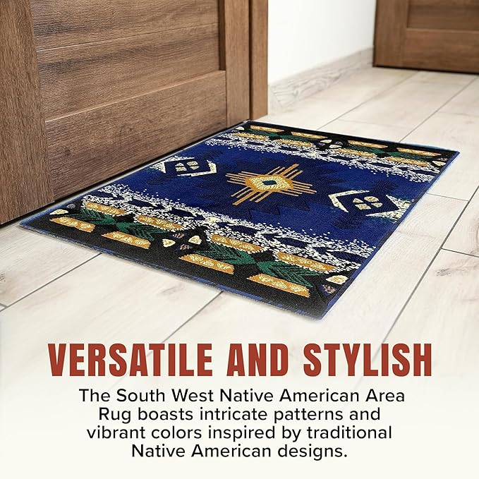 YHSF South West Native American Area Rug C318 - Easy Clean, Thick, Soft, Durable Native Tribal American Indian Inspired Rug for Bedroom/Living Room and More - Navy Blue, 3 ft 10 in x 5 ft 2 in