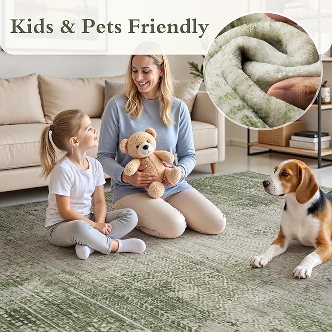 4x6 Area Rugs for Living Room Non Slip Machine Washable Rug Distressed Abstract Soft Indoor Carpet Neutral Boho Rug for Bedroom Dining Room Playroom Office, Green