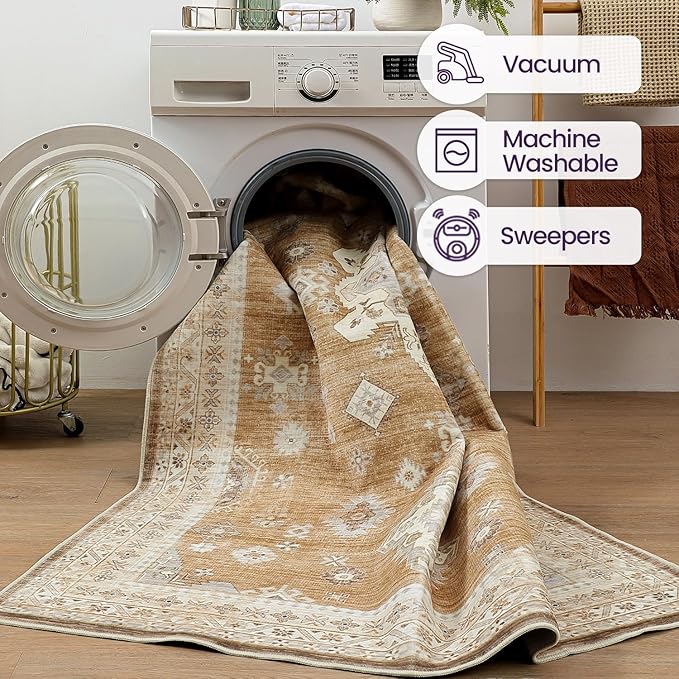 DEXI 10x14 Area Rug for Living Room, Washable Vintage Farmhouse Thin Rug Indoor Floor, Non Slip Stain Resistant Low Pile Carpet for Dining Room Bedroom Office, Light Brown