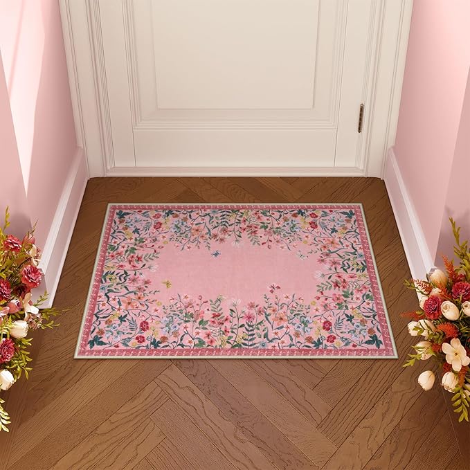 Lahome Boho Floral 2x3 Small Pink Rugs for Bedroom Washable Bathroom Rugs,Boho Floral Door Mat Indoor Entrance,Soft Non-Slip Indoor Carpet Throw Rug for Bedside Entryway Laundry(Pink,2x3)