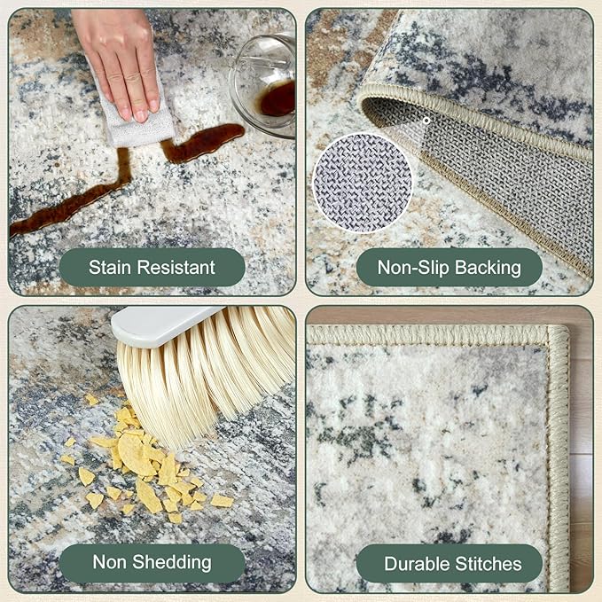 Washable Area Rugs for Living Room 8x10 - Large Neutral Modern Abstract Rug, Soft Low Pile Carpet with Non Slip Backing for Under Dining Room Table, Bedroom, Home, Office, Dorm - Green Yellow
