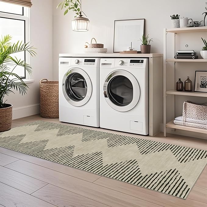 HelloTree Hallway Runner Rug，2x6 Moroccan Modern Stripe Carpet Washable Machine Bathroom Runner Bohemian Design Modern Soft Non Slip Indoor Rug for Entryway Hallway Laundry Room Bedroom-Cream