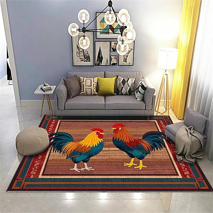 Rustic Rooster Area Rug，3x5ft,The Colorful Rooster Rug in A Farmhouse Style Adds Natural Vitality to Your Home，Soft and Comfortable Easy to Clean Carpet Suitable for Living Room Bedroom Kitchen