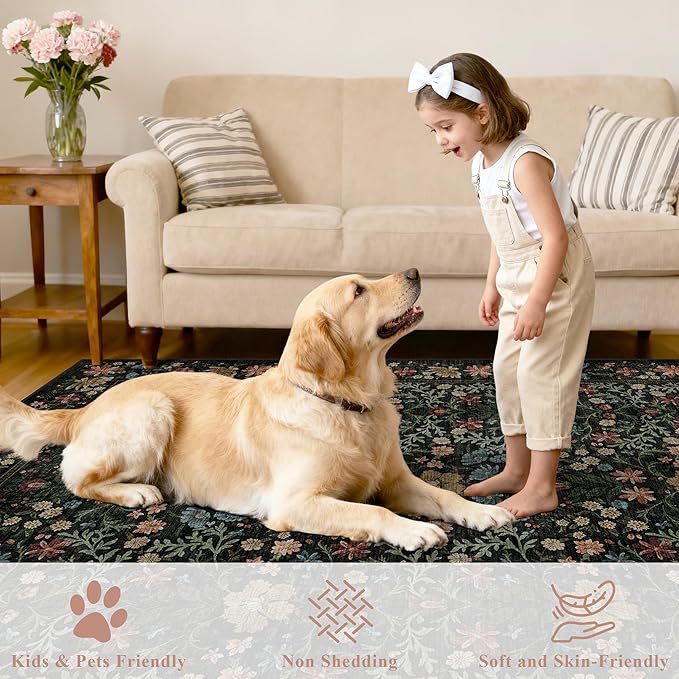 DUKINO 3x5 Area Rug, Vintage Floral Washable Rug for Bedroom with Non Slip Design, Soft Low Pile Indoor Small Carpet for Bedroom, Farmhouse, Living Room, Office, Bathroom, Black