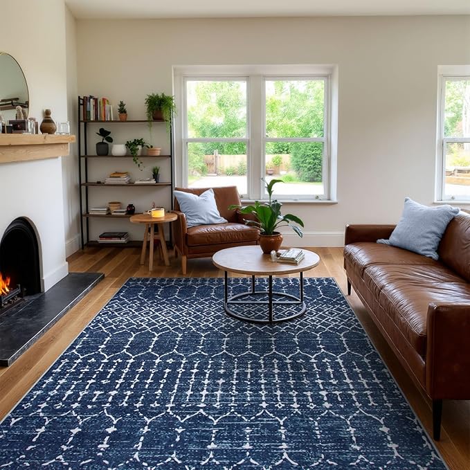 Lahome Moroccan Washable Area Rugs 6x9 Non-Slip Ultra-Thin Soft Living Room Carpet, Modern Geometric Print Stain Resistant Rug Carpet for Bedroom Dining Room Office, Blue