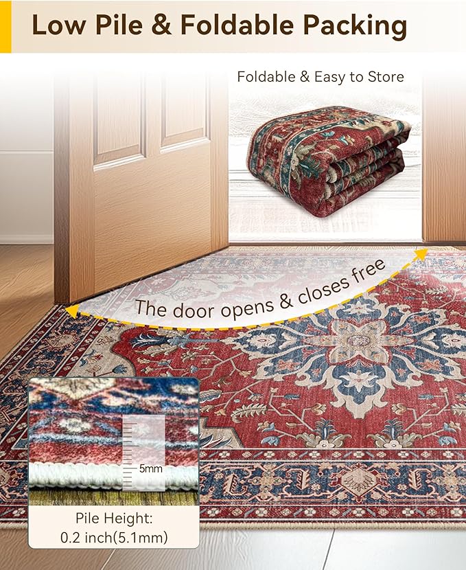 Area Rugs 8'x10' Washable Non-Slip, Floral Vintage Distress Print Pattern Medallion Carpet for Living Room Bedroom Dining Room, Red Blue