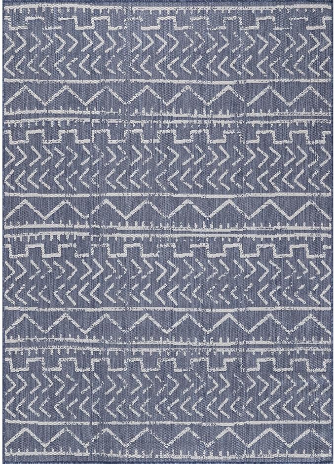 Beverly Rug Waikiki Indoor Outdoor Rug 5x7, Washable Outside Carpet for Patio, Deck, Porch, Trellis Area Rug, Water Resistant, Blue - White