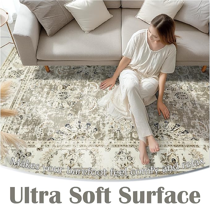 jinchan Fiora Washable Area Rug 4x6 Ultra-Thin Low Pile Non Slip Stain Resistant Soft Faux Wool Floral Rug Distressed Boho Vintage Carpet for Bedroom, Living Room, Kitchen, Nursery(Taupe, 4' x 6')