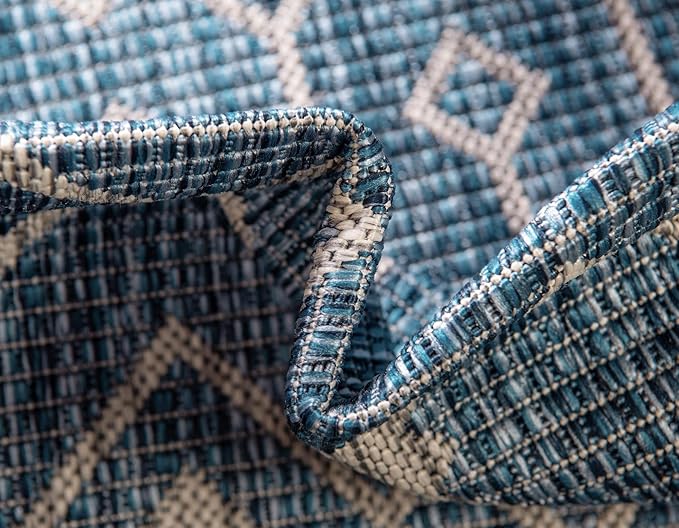 Unique Loom Outdoor Trellis Collection Area Rug - Tribal Trellis (10' Round, Blue/ Ivory)