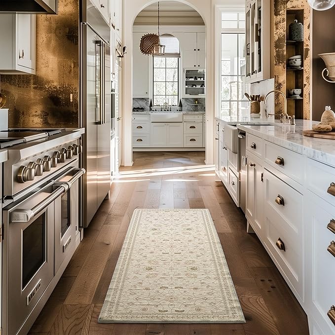 EVERGRACE Hallyway Area Runner Rugs 2x6, Boho Floral Faux Wool Indoor Outdoor Rugs, Washable Rugs for Bedroom Bathroom Living Room Kitchen, Low Pile Floor Mat Carpet for Home Decor, Natural Beige