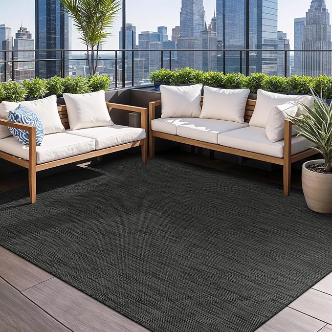 Beverly Rug Indoor Outdoor Rug 10x14, Washable Outside Carpet for Patio, Deck, Porch, Solid Modern Area Rug, Water Resistant, Dark Gray