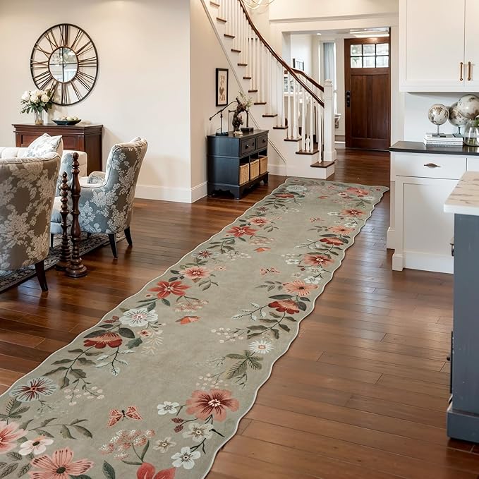 Lahome Floral Hallway Runner Rug Non Slip, 2'6''x10' Soft Washable Runners for Hallways Ultra-Thin, Kitchen Runner Stain Resistan Carpet for Entryway Bathroom, Brown