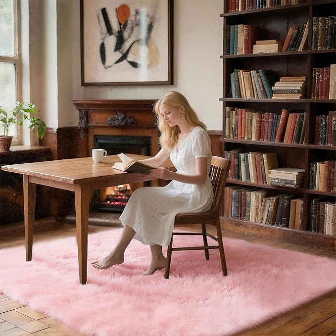 5x7 Solid Fluffy Pink Area Rug – Washable, Durable,Large Living Room Rug, Non-Slip High Pile Shag Rugs for Bedroom, Bedside, Dorms, Nursery Rooms, Kids Room, Soft Indoor Floor Carpet Decor