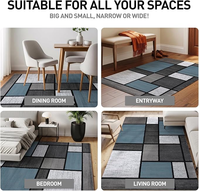 Rugshop Modern Geometric Boxes Blue Area Rug, Carpet with Jute Backing for Entryway, Kitchen, or Narrow Hall, 2' x 10'