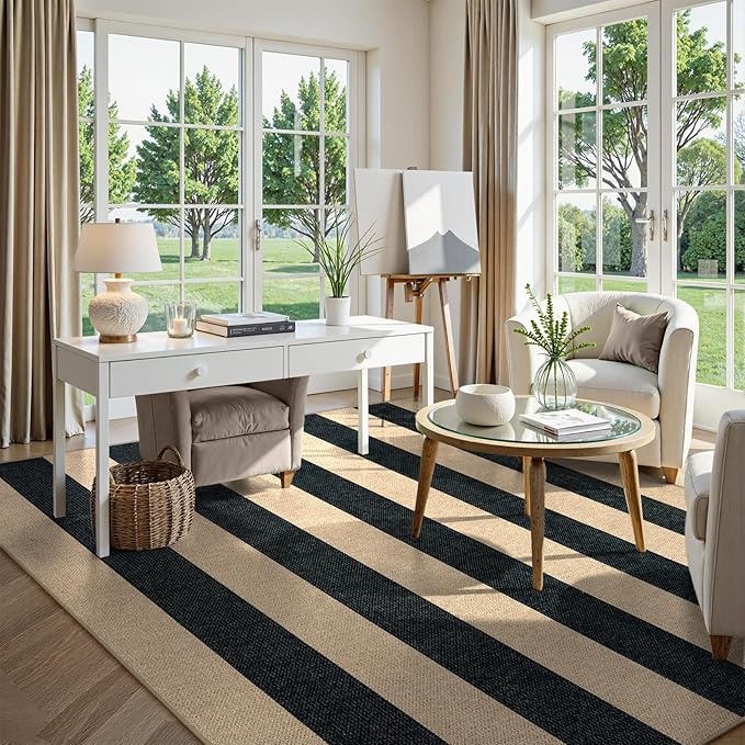 Lahome Striped Easy Jute Outdoor Rug, Washable Rugs 8x10 for Living Room Patio Indoor Outdoor Black Carpet, Farmhouse Neutral Non Slip Non Shedding Floor Carpet for Office Sunroom Dining Room