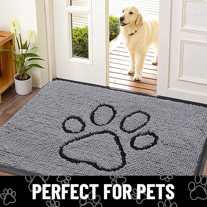 Smiry Dog Door Mat for Muddy Paws, Absorbent Dirt Trapper Non Slip Quick Dry Washable Chenille Mat for Mud Dogs, Entry Rug for Indoor and Outdoor (40x32 Inches, Grey and Black)