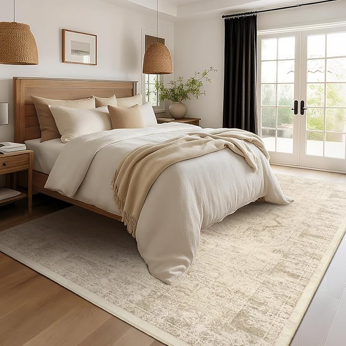 Beige Distressed Washable Area Rugs 9x12 Living Room, Farmhouse Medallion Printed Big Carpet Rugs for Bedroom, Washable Non Slip Low Pile Thin Rugs for Dining Room Home Office Natural Color
