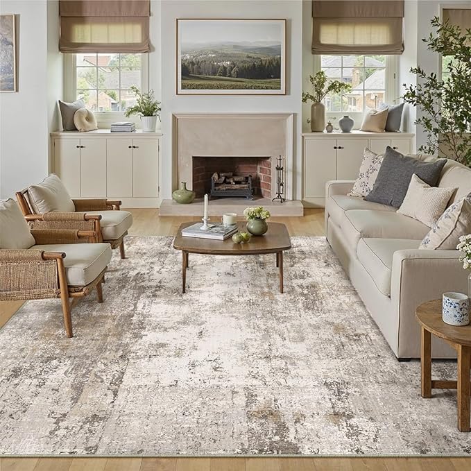 12x15 Area Rug Brown Grey Abstract Living Room Bedroom Washable Carpet Neutral Modern Non Slip Soft Low Pile Indoor Extra Large Throw Rug for Dining Room