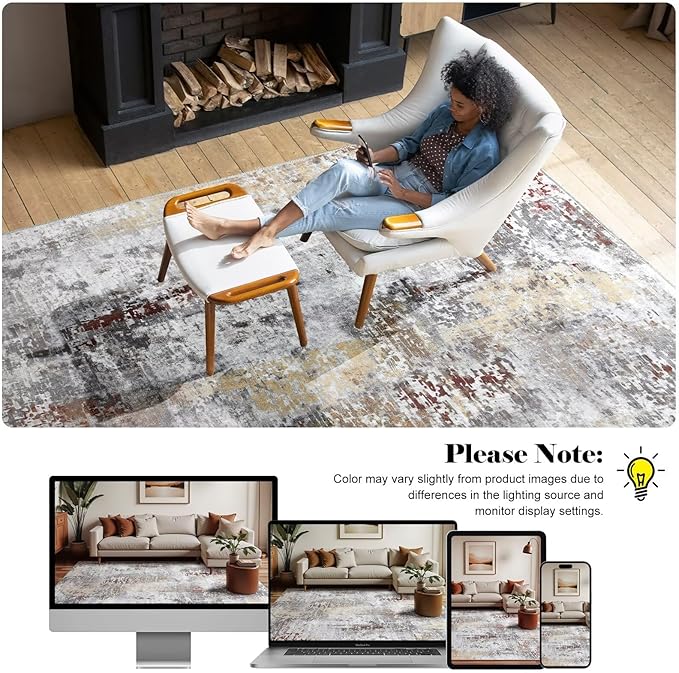 Washable Abstract Rug, 3x5 Modern Area Rugs with Non-Slip Rubber Backed for Bedroom, Thin but Soft Contemporary Carpet Kitchen Living Room Decor, Rusty Brown
