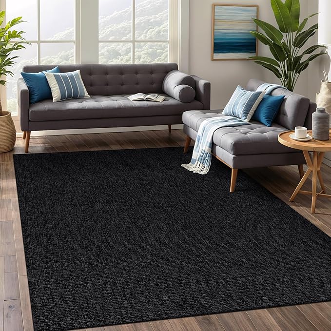 Beverly Rug Easy Jute Rug 5x7 Solid Washable Durable Outdoor Indoor Area Rugs for Living Dining Room Patio Office Stain Resistant Non Shedding Casual Indoor Outside Carpet (5 x 7 Dark Gray)