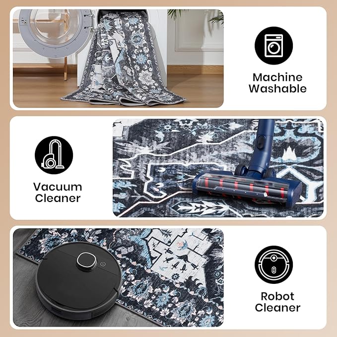 Area Rug for Living Room, 6x9 Machine Washable Non Slip Large Faux Wool Throw Rug, 0.3″ Low Pile & Non-Shedding Boho Large Carpet Rugs for for Dining Room, Bedroom, Office (Black)