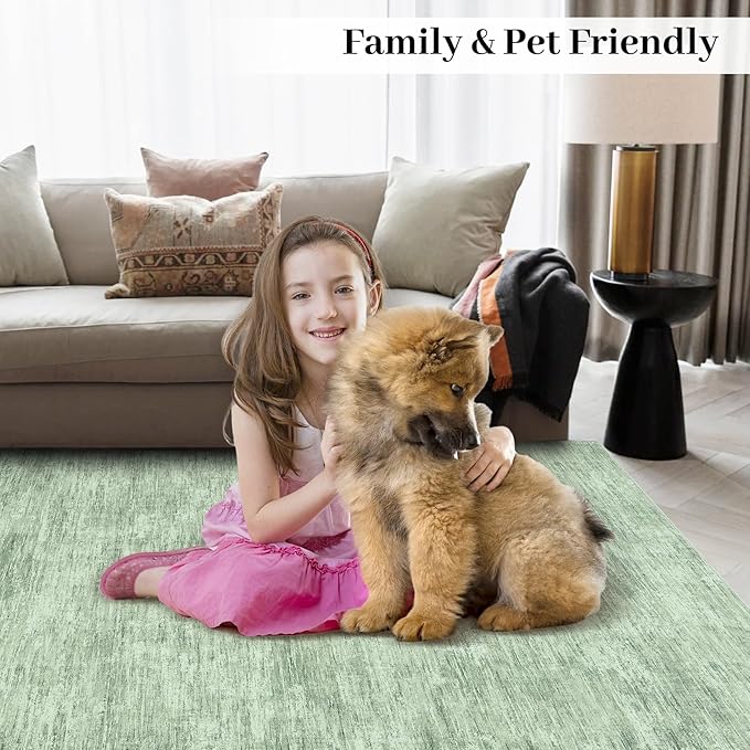 RUGSREAL 8x10 Washable Rug for Living Room Non-Slip Modern Abstract Area Rug Stain Resistant Large Bedroom Carpet Contemporary Accent Throw Floor Carpet Solid Rug for Dining Room Home Decor, Green