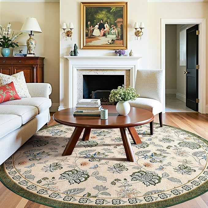 jinchan Elora 7ft Floral Round Rug for Dining Room Washable Living Room Rug Vintage Romance Design Non Slip Indoor Floor Cover Lightweight Low-Profile Throw Carpet for Bedroom Porch Patio, Green/Beige