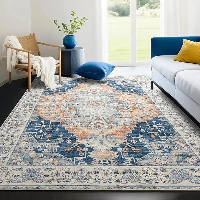 Area Rugs 5x7, Low Pile Washable Rugs, Soft Vintage Distressed Rugs for Bedroom, Living Room, Dining Room, Water Repellent, Non Shedding, Blue and Orange