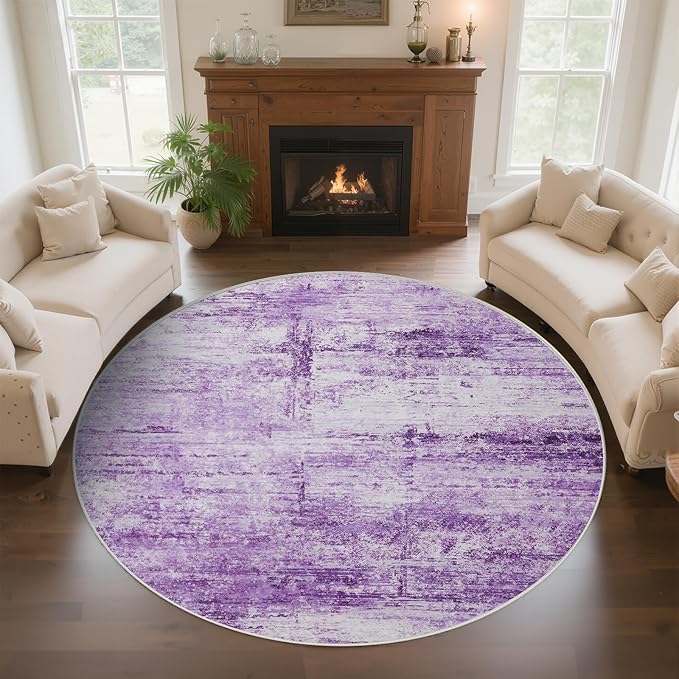 Round 6ft Abstract Rug, Modern Washable Indoor Circle Area Rugs for Living Room, Soft Large Circular Non-Slip Carpet Floor Mat for Bedroom Dining Room Home Office - Abstract Purple